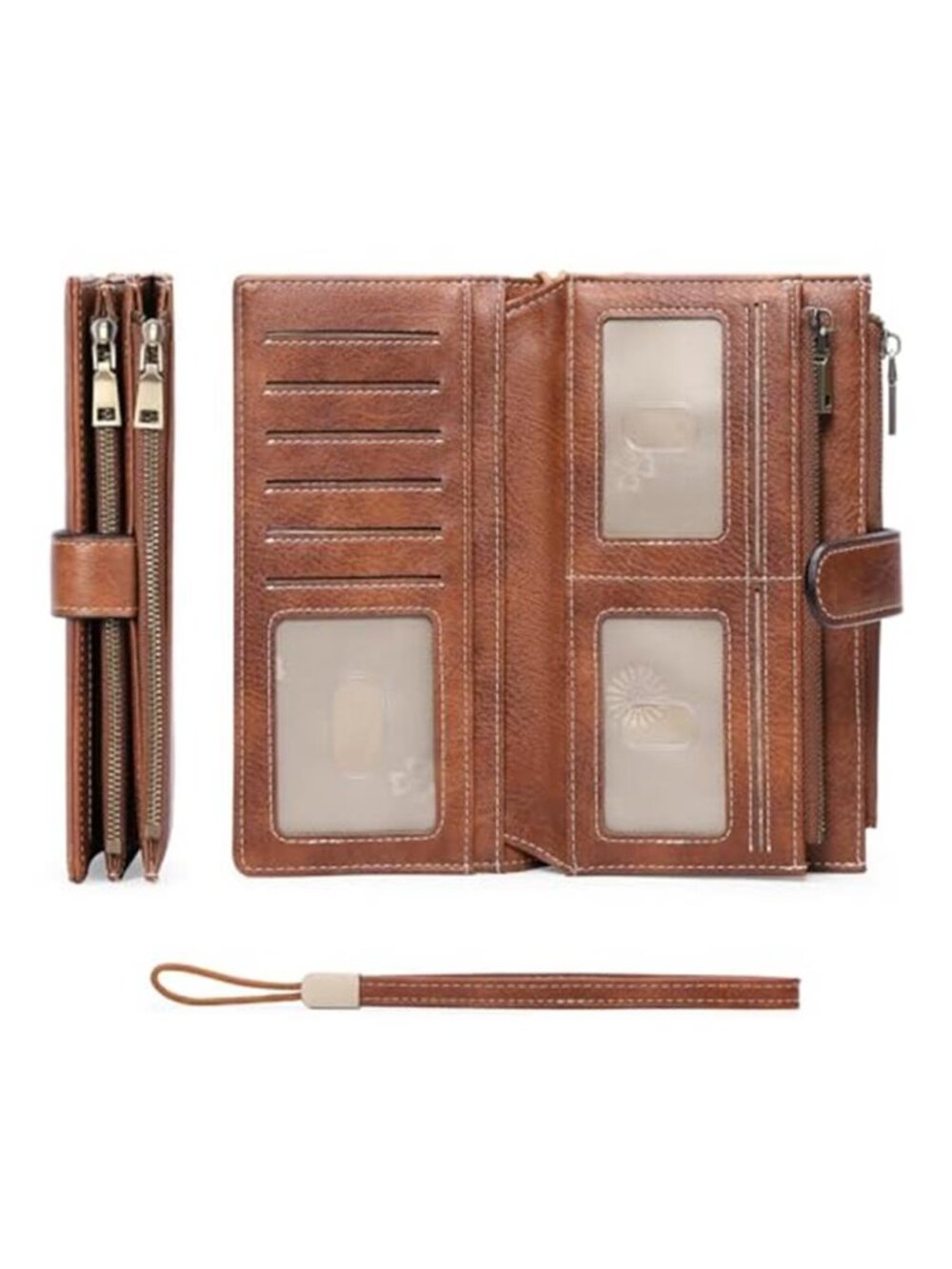 Womens RFID Wristlet Wallet Large Capacity Vegan Leather Card Holder Brown